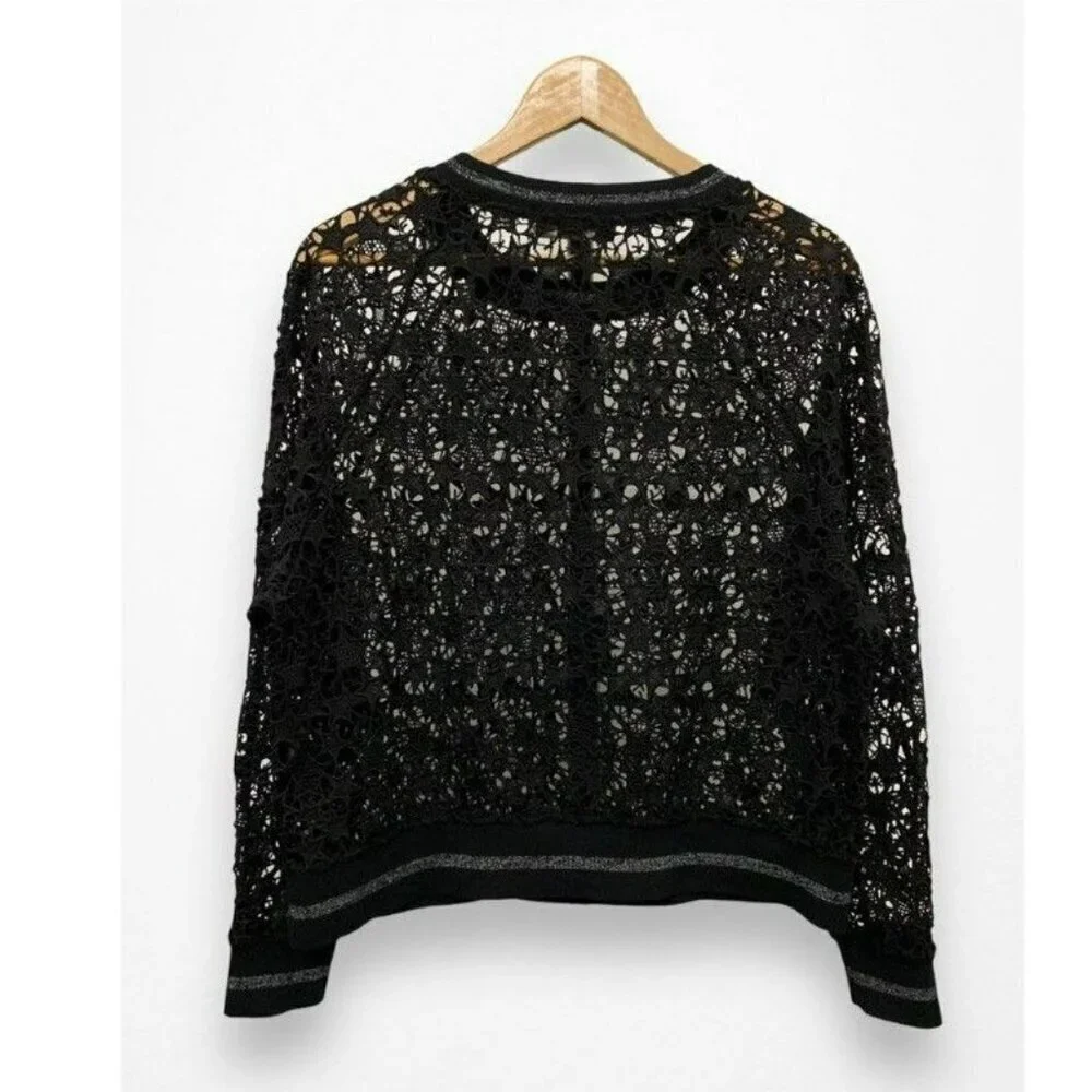 2/$30 Zara Knit Womens Medium Top Floral Crochet Black Lace Long Sleeve Knitwear